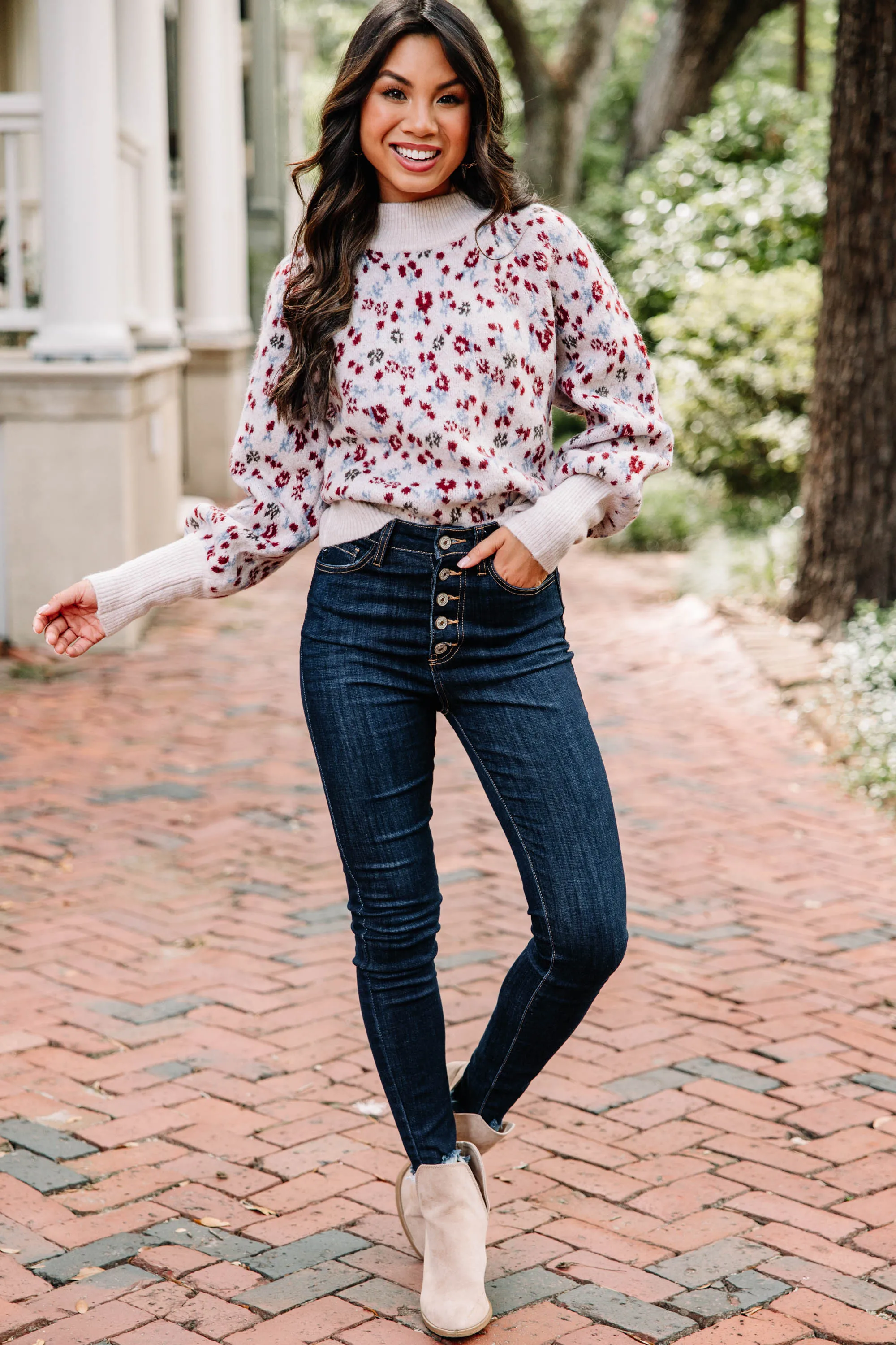 All In Fun Natural White Floral Sweater