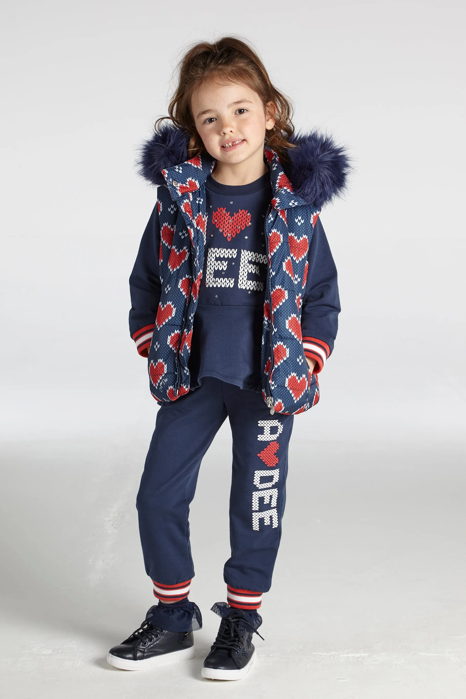 AW21 A Dee Girls Rose Navy Blue & Red Heart Print Gilet