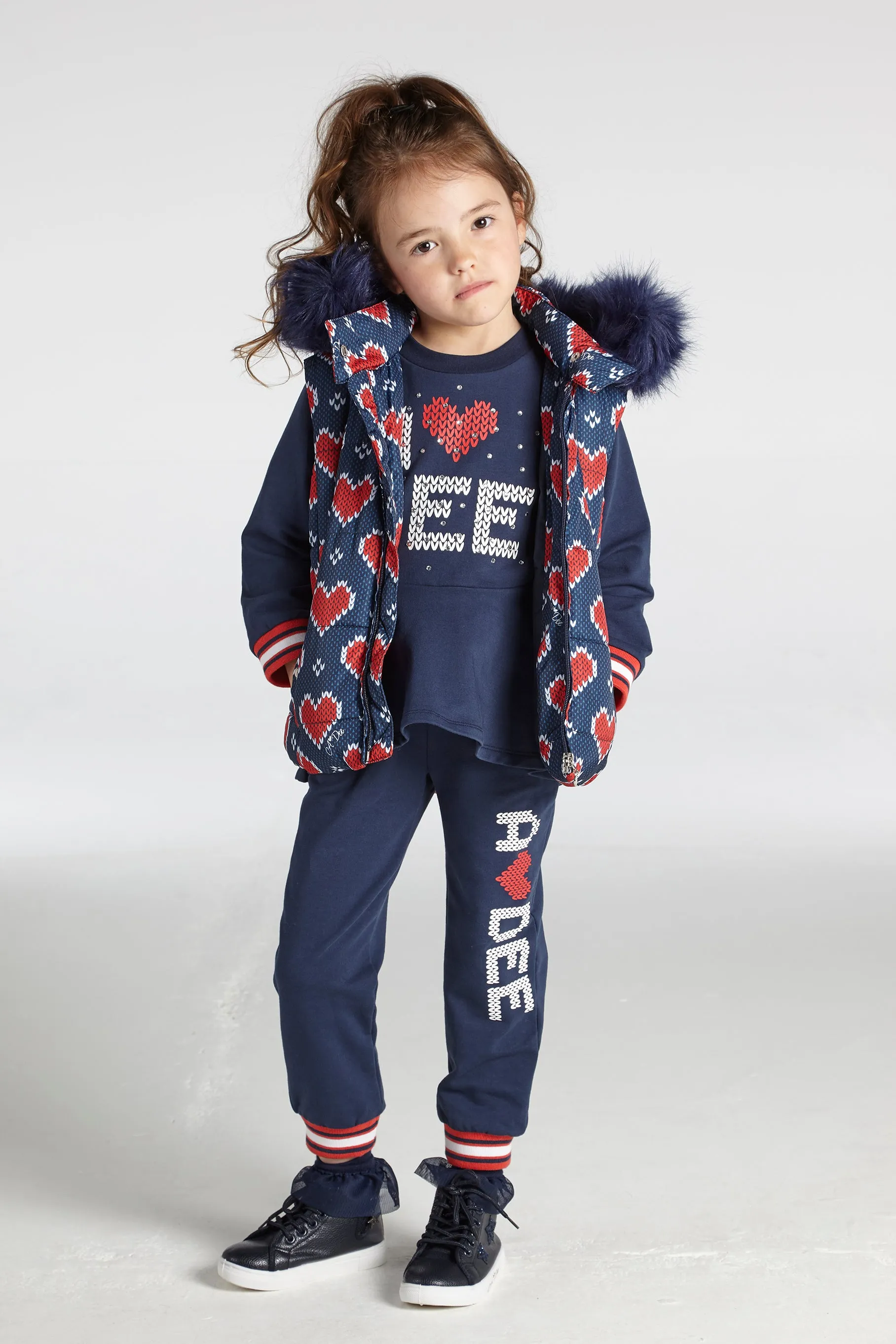 AW21 A Dee Girls Rose Navy Blue & Red Heart Print Gilet