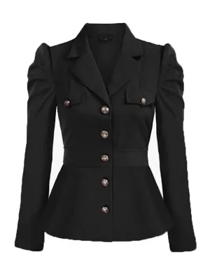 Black 1950s Solid Gigot Sleeves Blazer