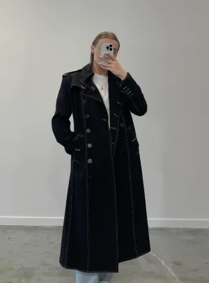 Black Contrast Stitch Tailored Trench Coat