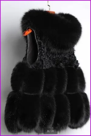 Black Fox Fur with Lamp Fur Hooded Gilet 55CM DO1500