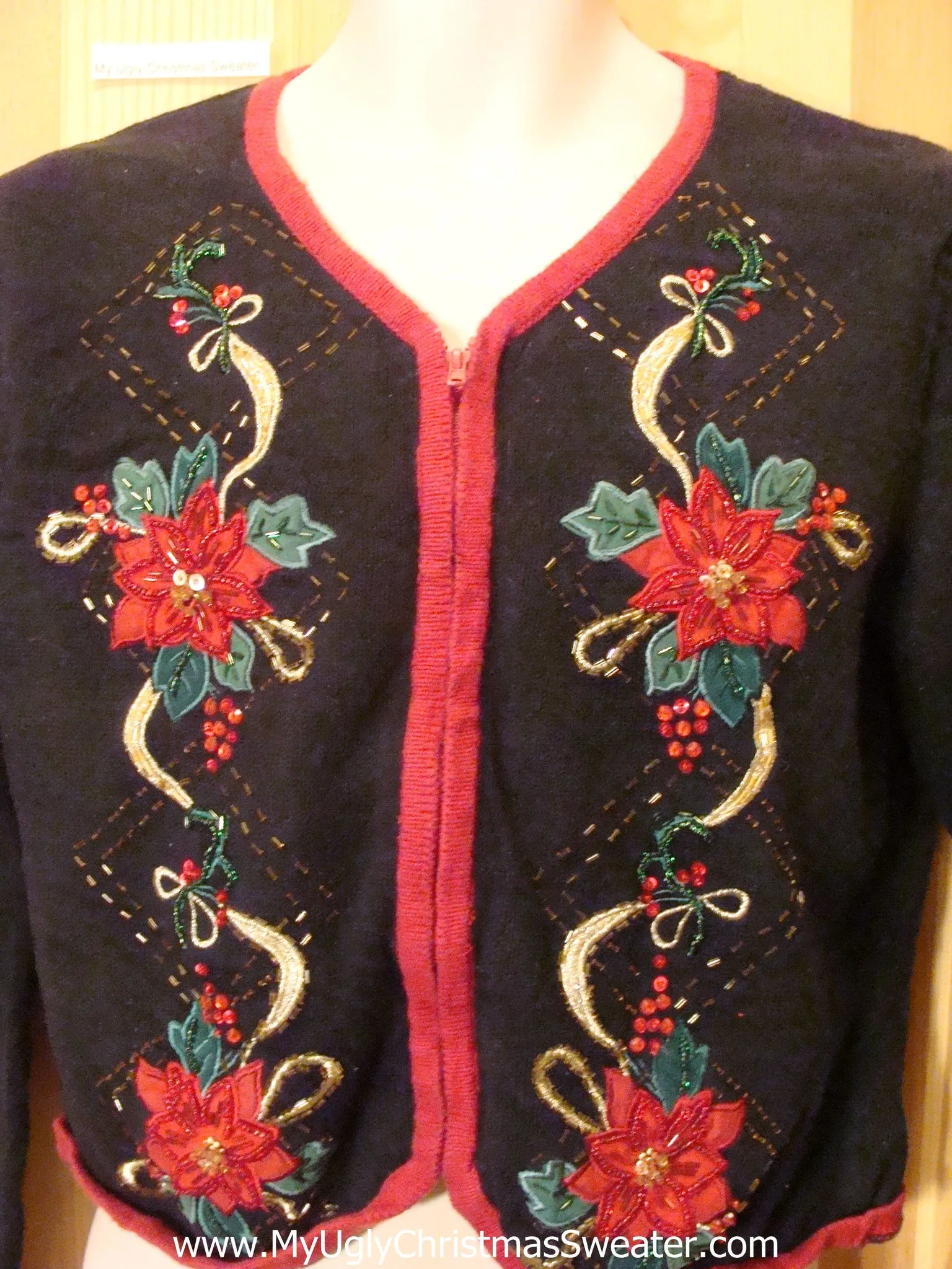 Black Funny Ugly Sweater with Red Poinsettias