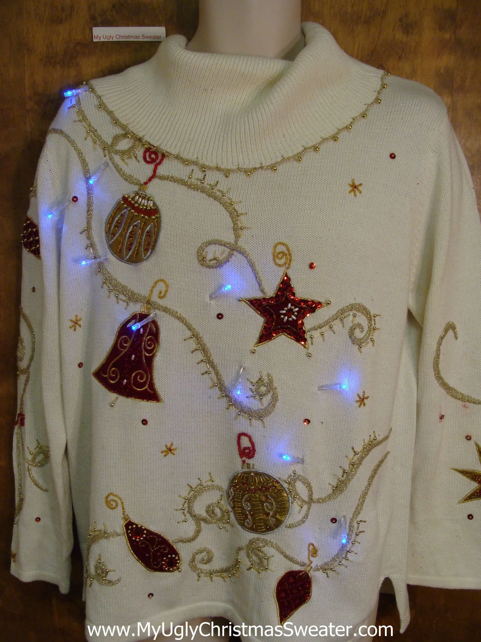 Bling Ornaments 80s Ivory Light Up Ugly Xmas Sweater