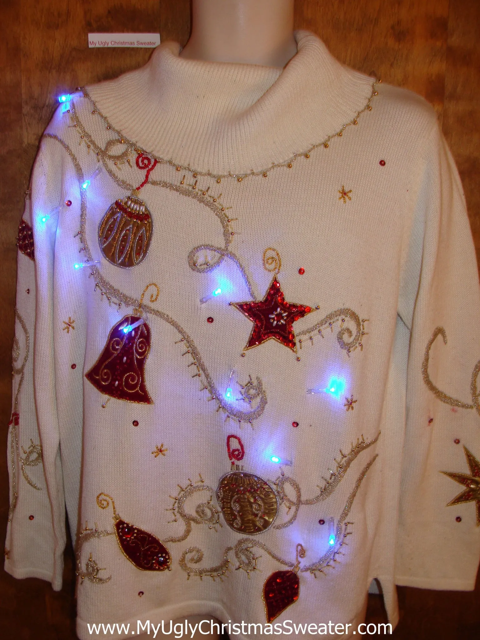 Bling Ornaments 80s Ivory Light Up Ugly Xmas Sweater