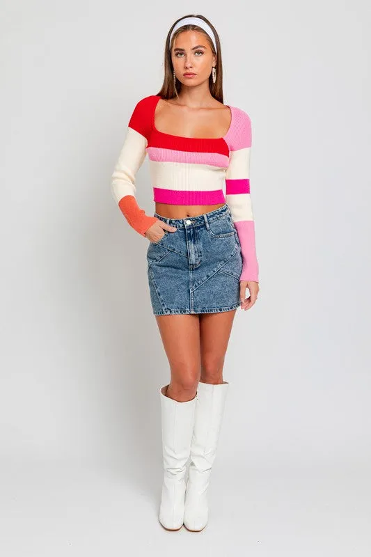 Bohemian Long Sleeve Color Block Stripe Knit Top