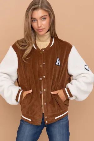 Brown Sherpa Baseball Bomber Jacket