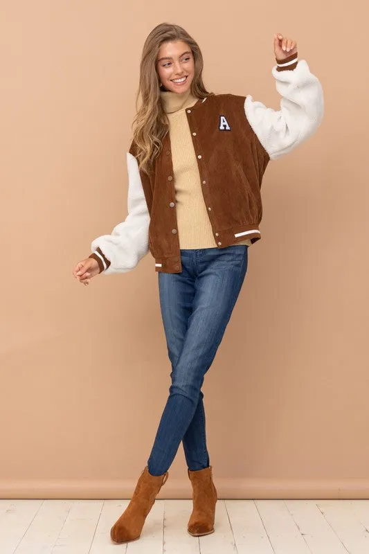 Brown Sherpa Baseball Bomber Jacket