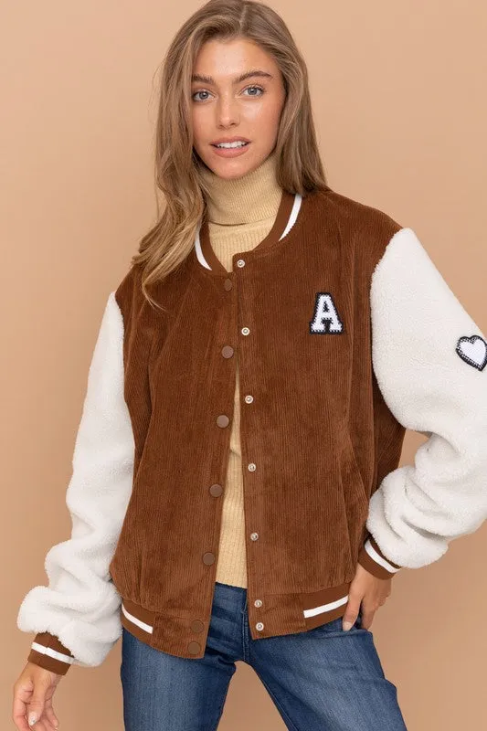 Brown Sherpa Baseball Bomber Jacket