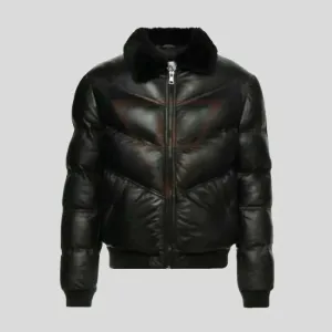 Buy Best Quality Puffer Leather Jacket Black Fur Collar Warm Real Bubble Mens Leather Jacket