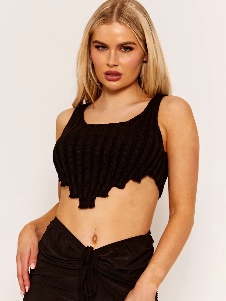 Cate Asymmetric Hem Knitted Vest Crop Top In Black