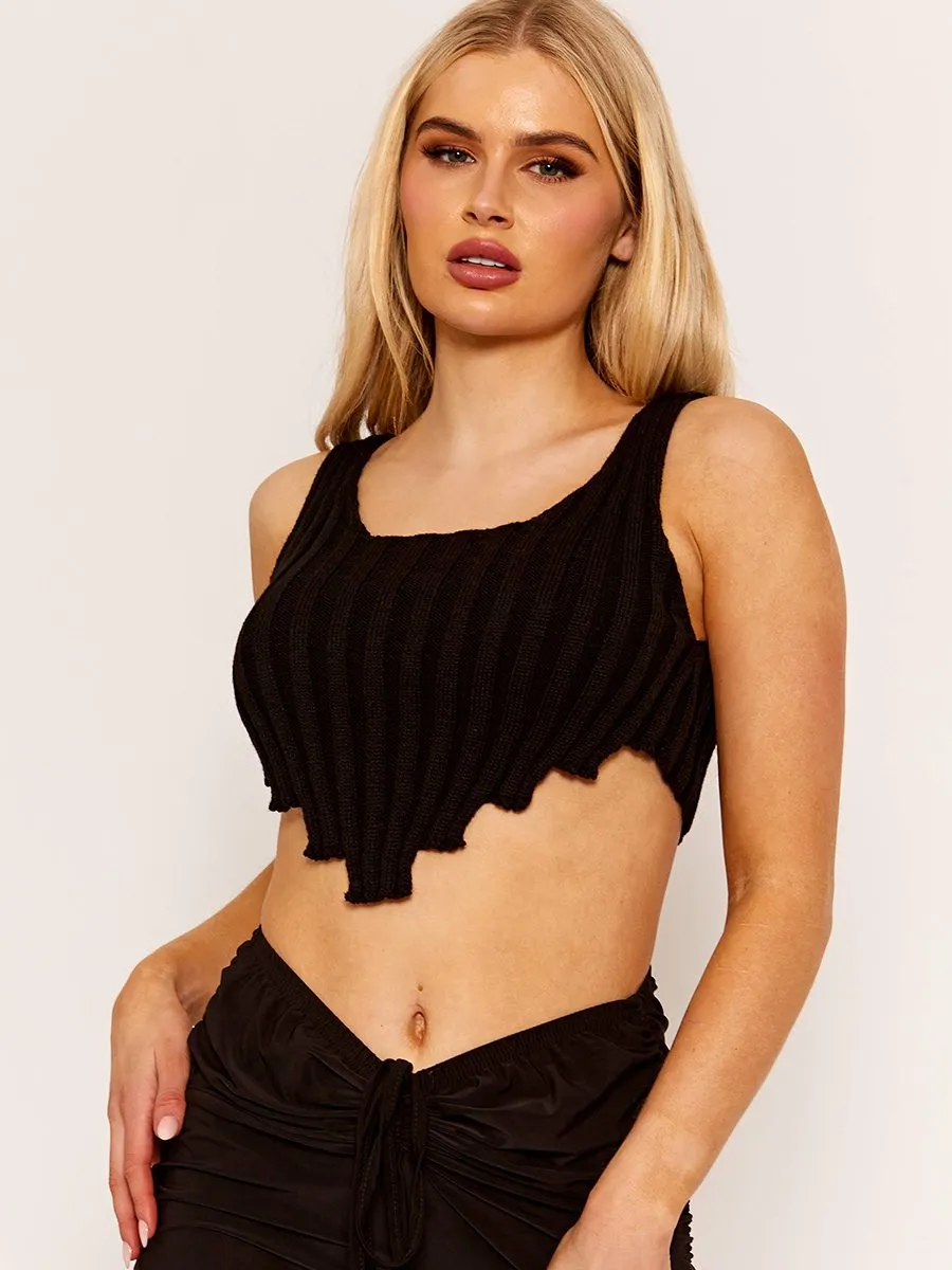 Cate Asymmetric Hem Knitted Vest Crop Top In Black