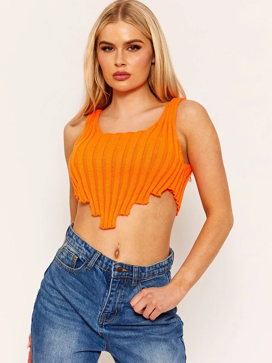 Cate Asymmetric Hem Knitted Vest Crop Top In Orange