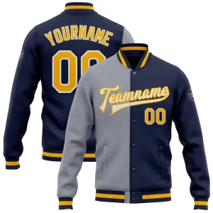 Custom Navy Gold-Gray Bomber Full-Snap Varsity Letterman Split Fashion Jacket