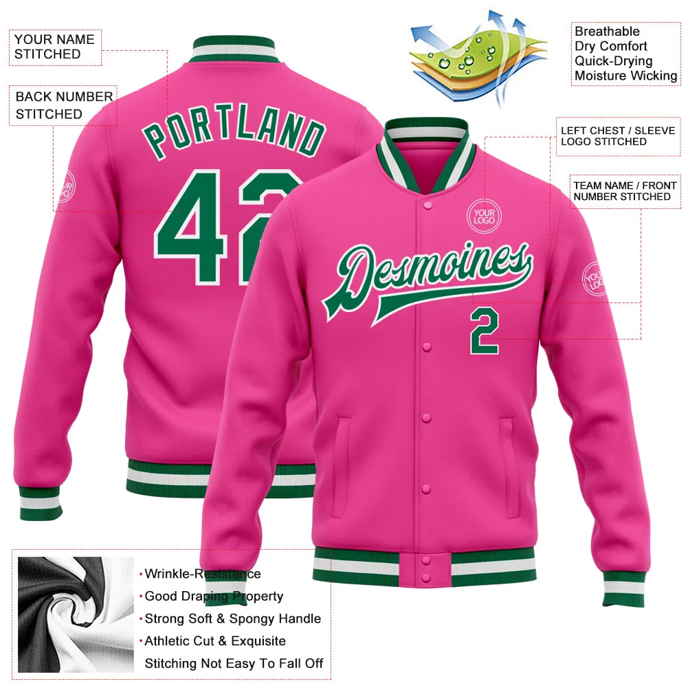 Custom Pink Kelly Green-White Bomber Full-Snap Varsity Letterman Jacket