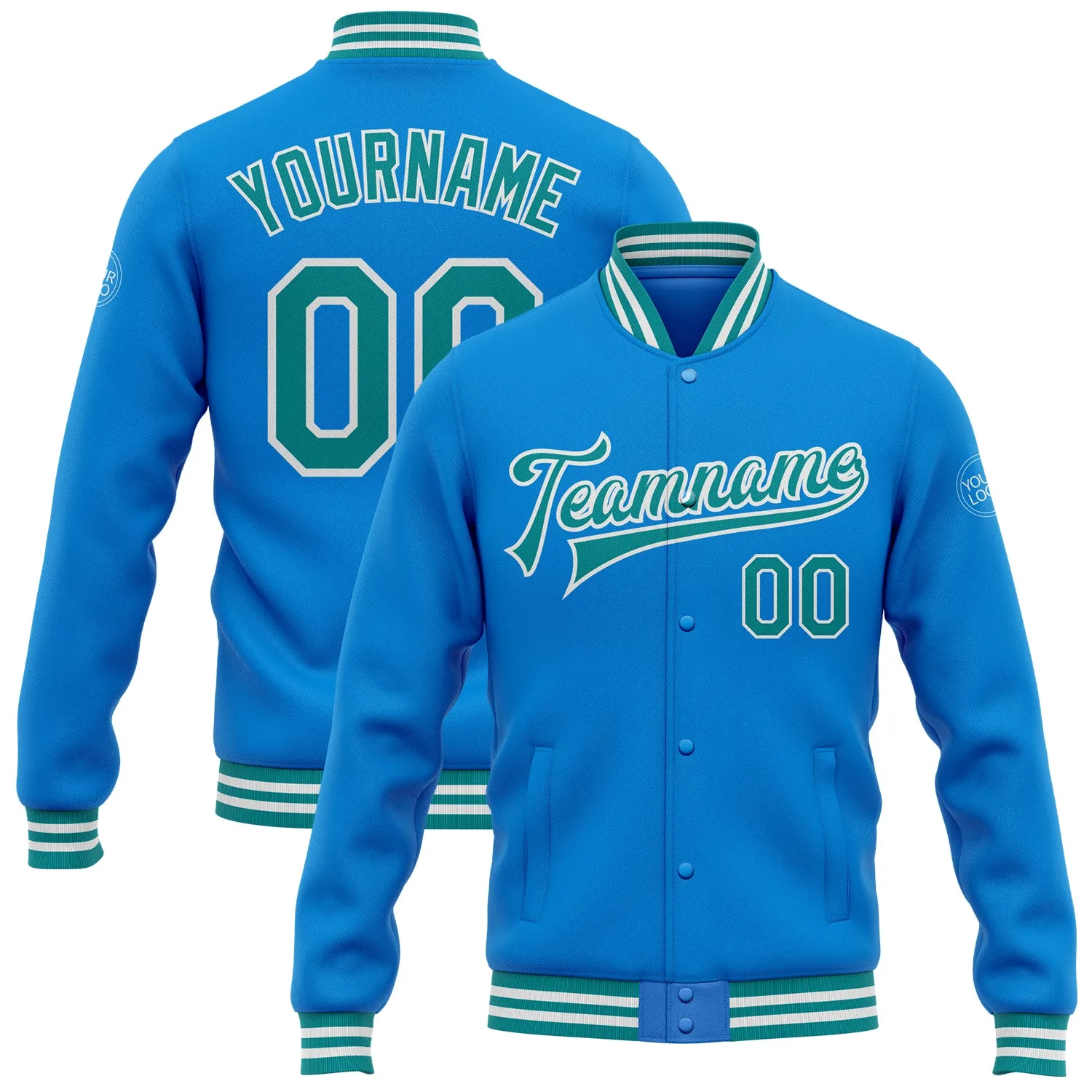 Custom Powder Blue Teal-White Bomber Full-Snap Varsity Letterman Jacket