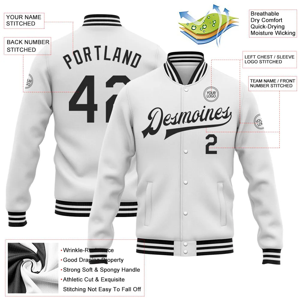 Custom White Black Bomber Full-Snap Varsity Letterman Jacket