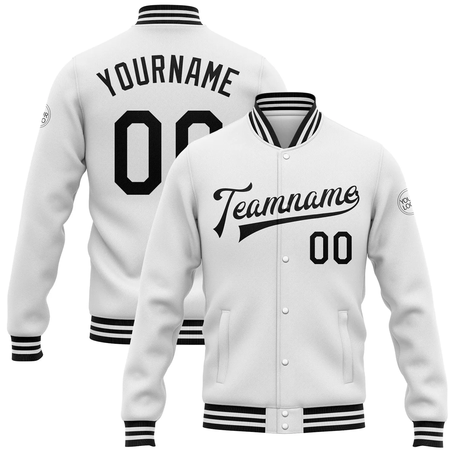 Custom White Black Bomber Full-Snap Varsity Letterman Jacket