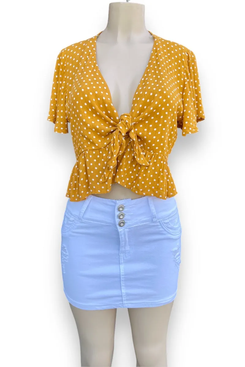 Dotted Ruffled Front Tie Top