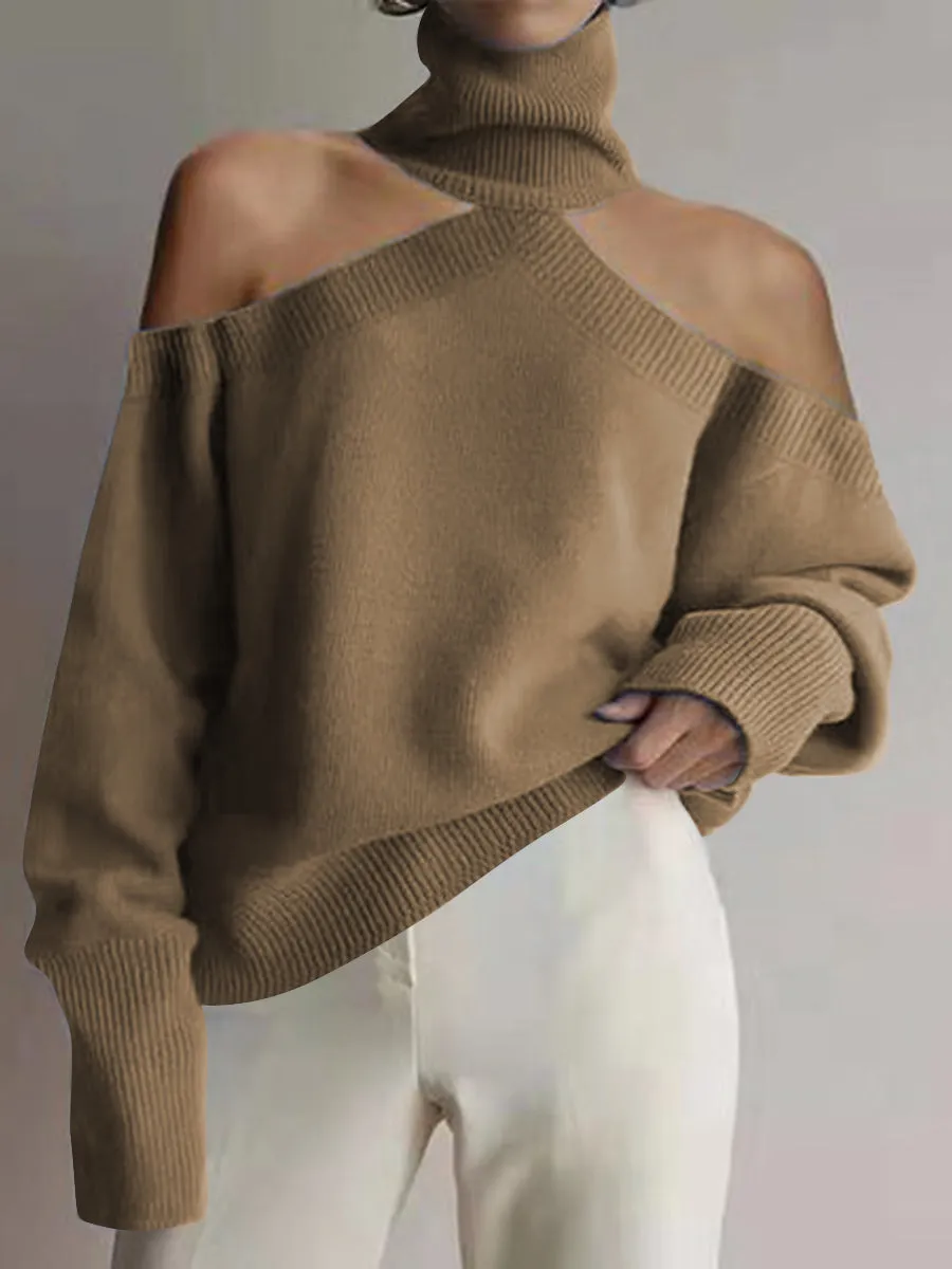 Fashion High Neck Casual Long Sleeve Off-shoulder Sweater