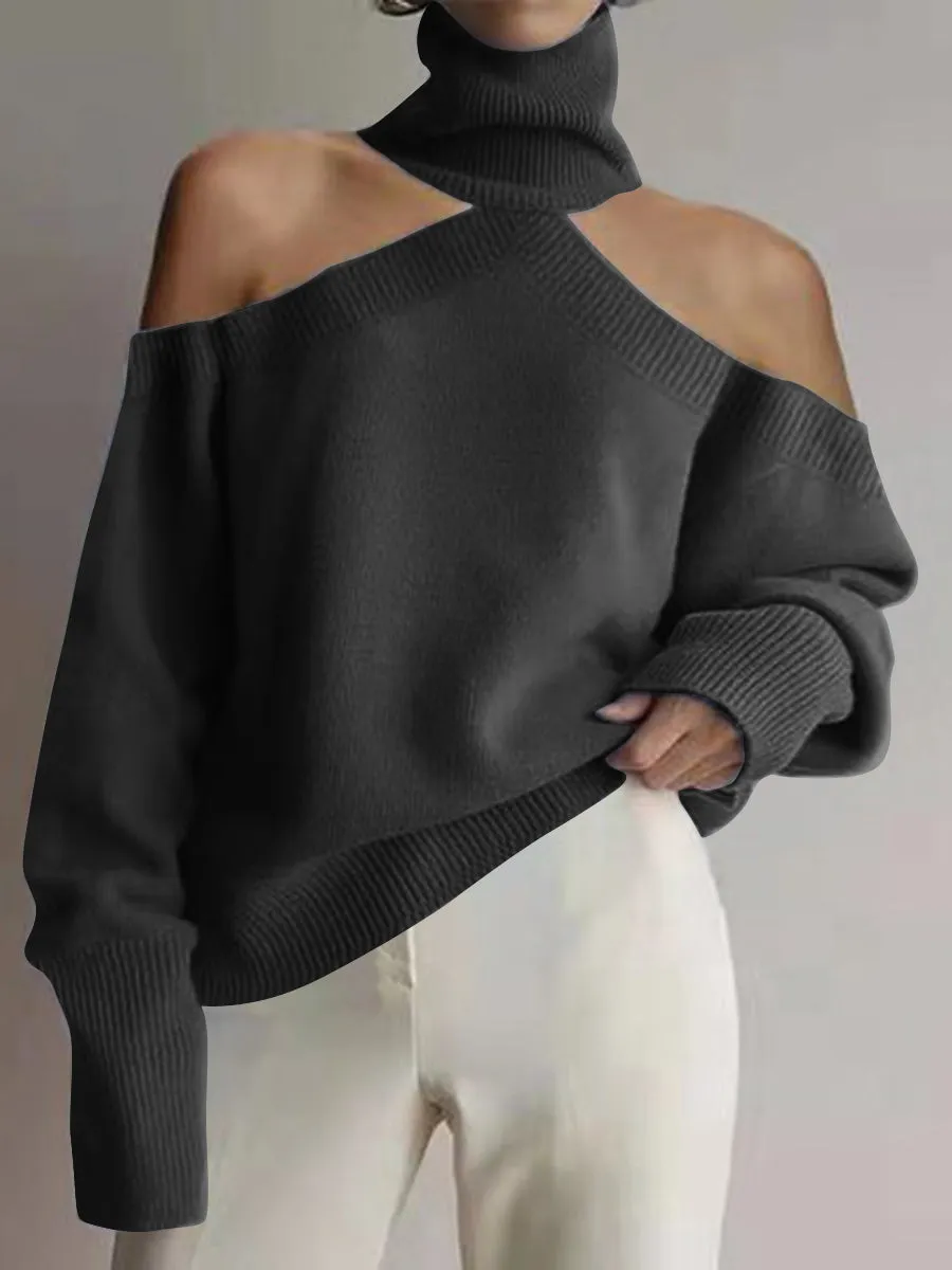 Fashion High Neck Casual Long Sleeve Off-shoulder Sweater