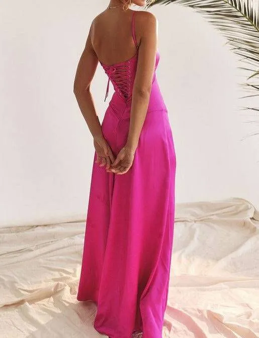 Faye Fitted-bodice Lace-up Satin Maxi Dress