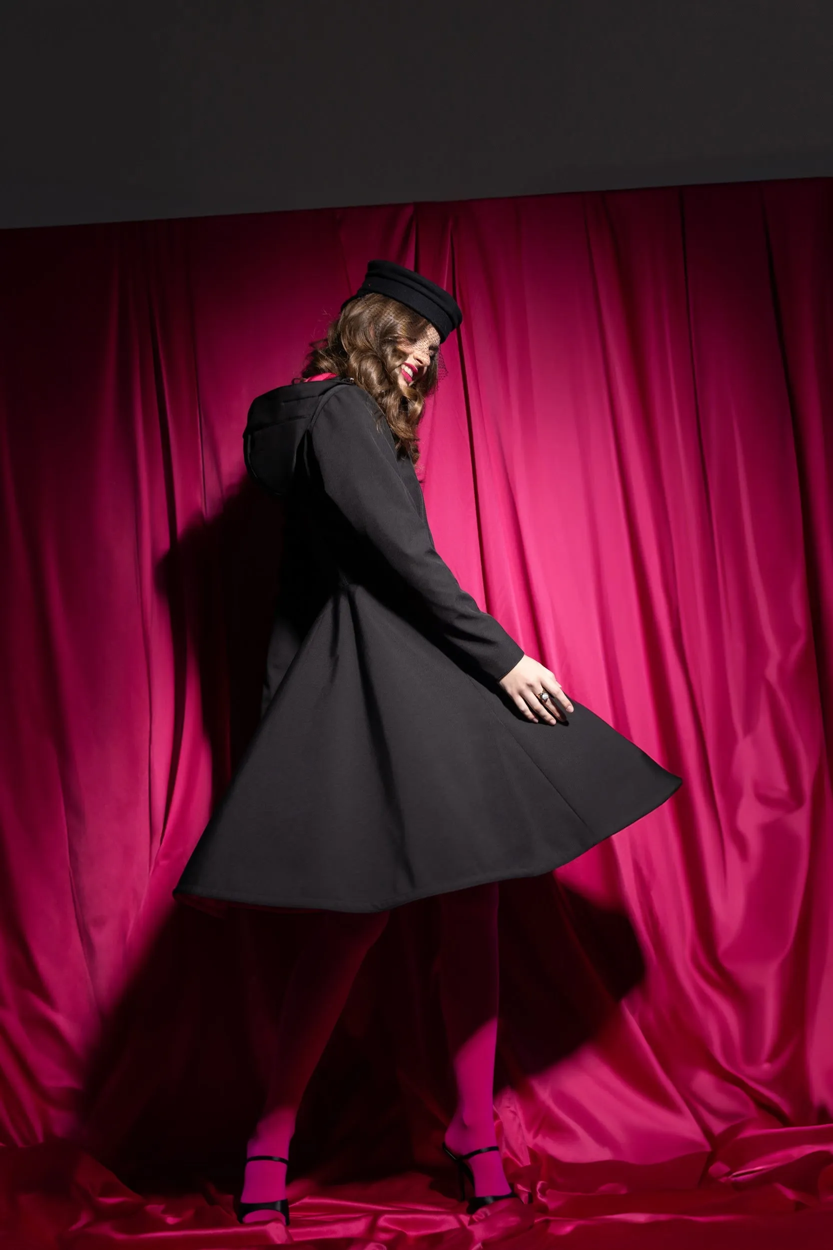 Fit and Flare Coat with Full Circle Skirt in Black with Fuchsia Pink Lining | 'Pink Ruby'