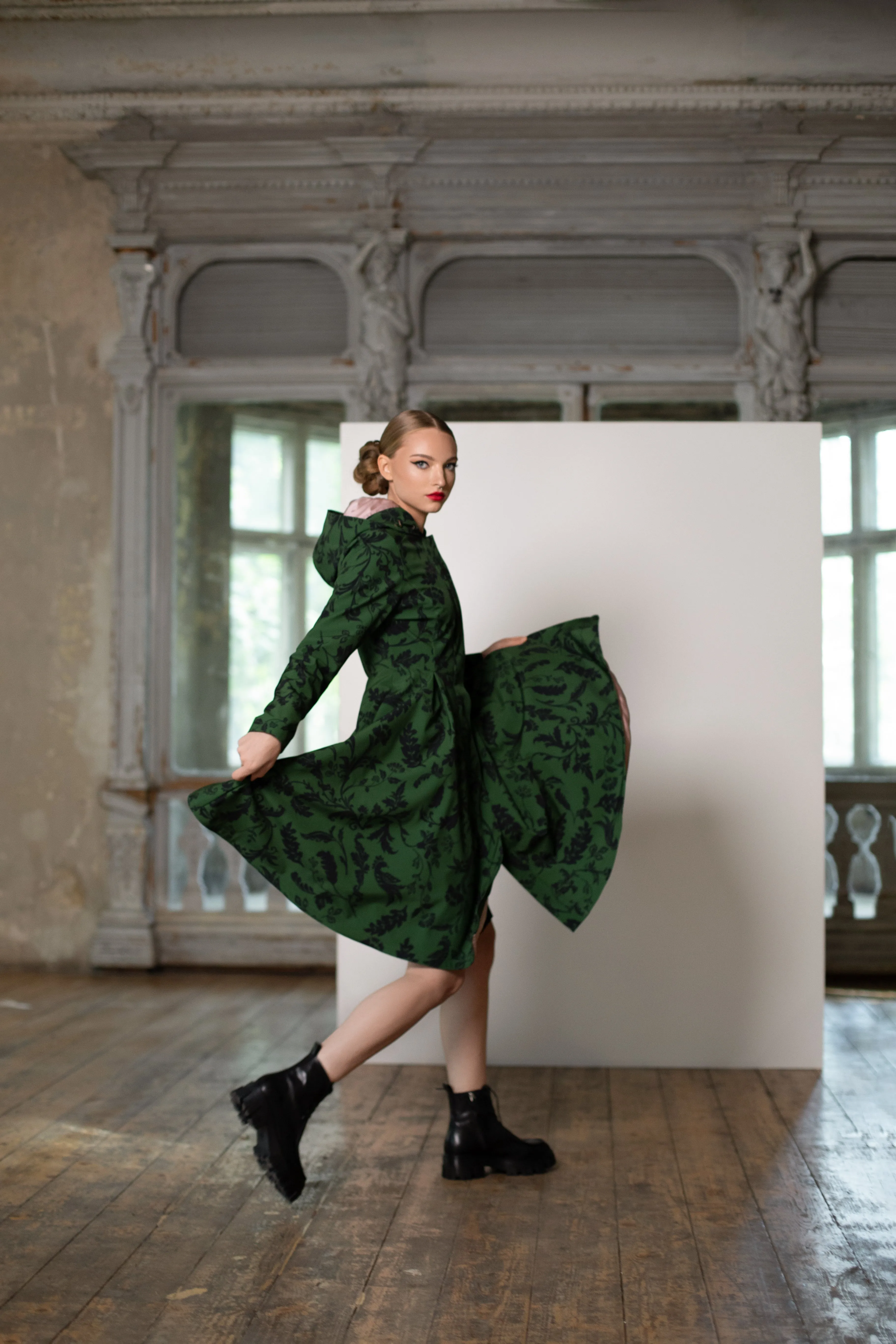 Fit and Flare Coat with Pleated Skirt in Green and Black | 'Forest Flower'