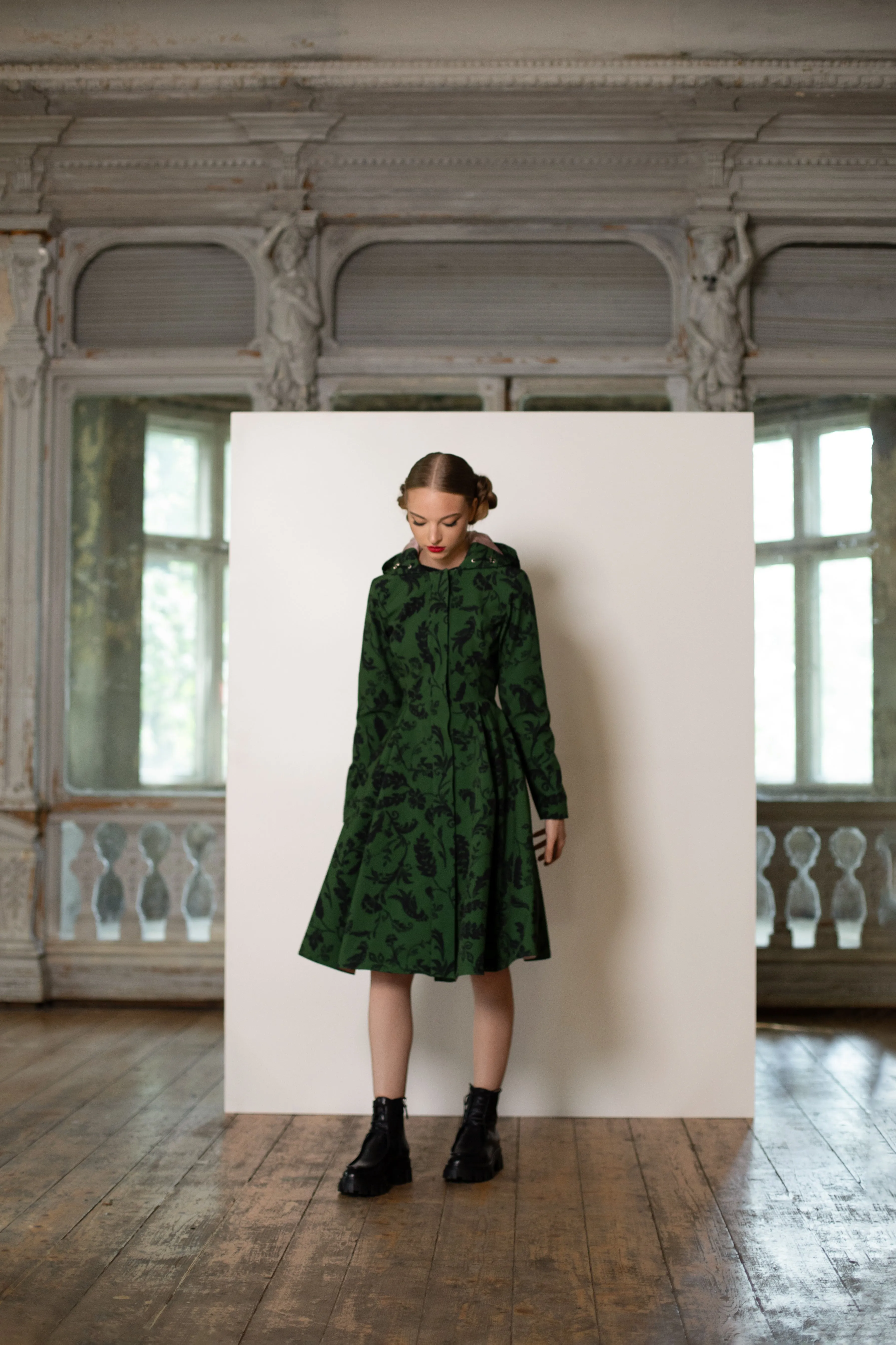 Fit and Flare Coat with Pleated Skirt in Green and Black | 'Forest Flower'