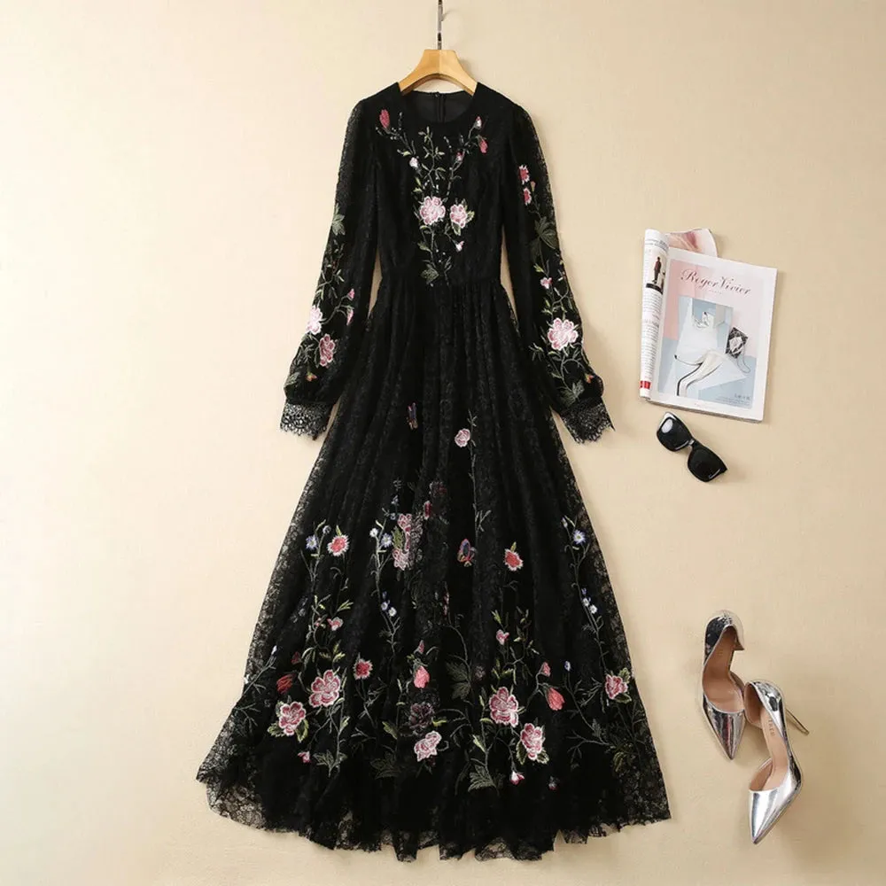 Floral Embroidery Slimming Dress For Women Round Neck Long Sleeve High Waist Temperament Lace A Line Dress Female Fashion