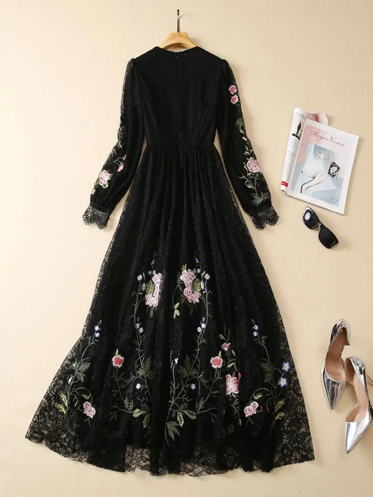 Floral Embroidery Slimming Dress For Women Round Neck Long Sleeve High Waist Temperament Lace A Line Dress Female Fashion