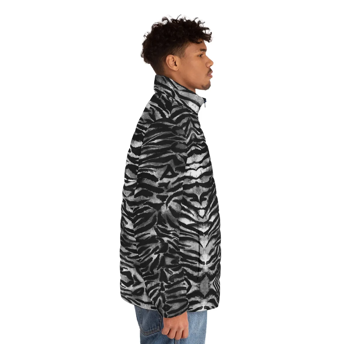 Grey Tiger Striped Men's Jacket, Best Animal Print Winter Regular Fit Polyester Men's Puffer Jacket With Stand Up Collar (US Size: S-2XL)