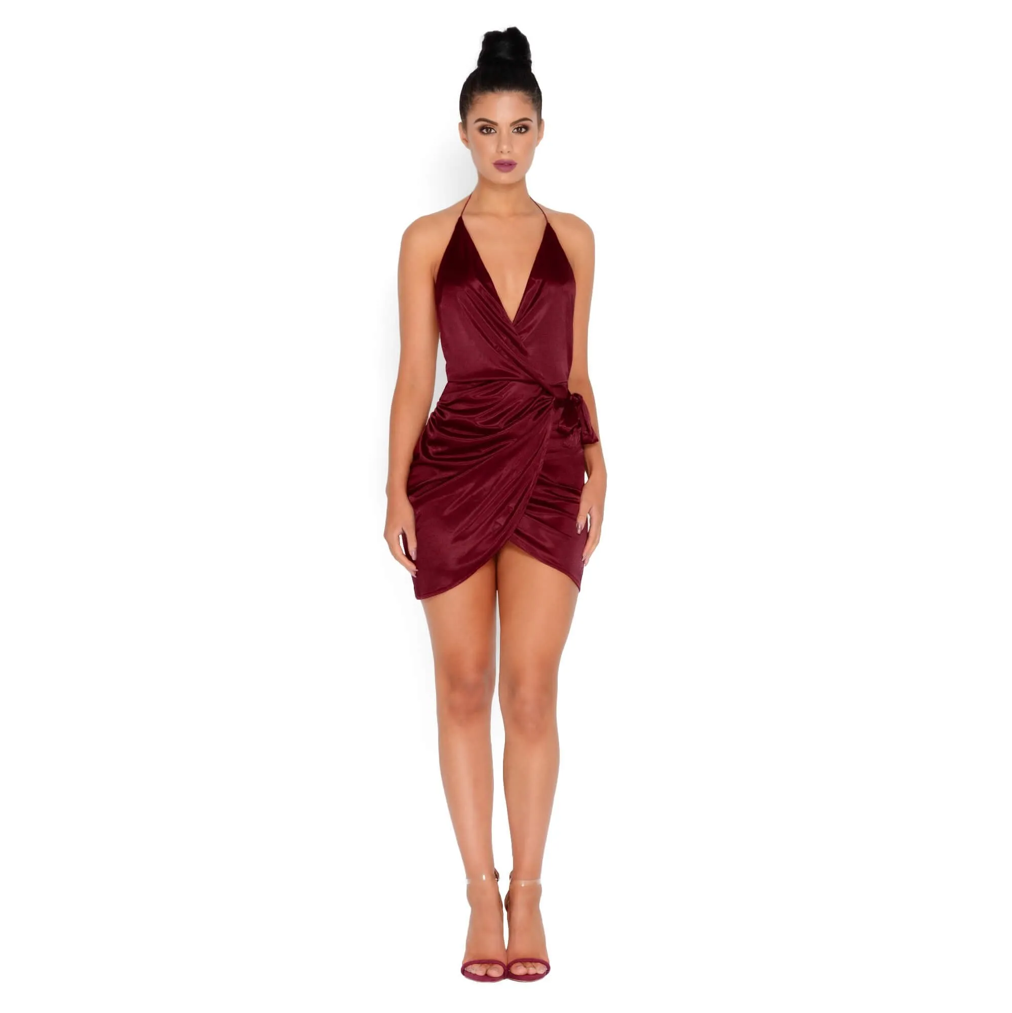 Holy Wrap Satin Wrap Mini Dress in Wine