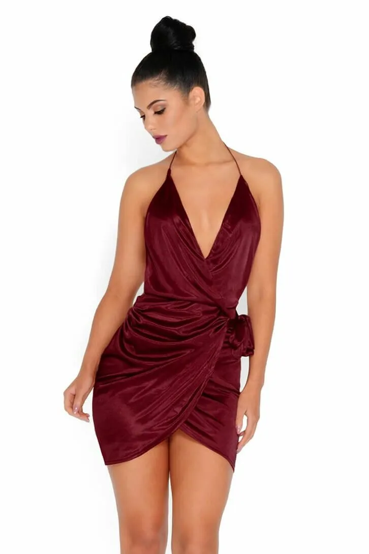 Holy Wrap Satin Wrap Mini Dress in Wine