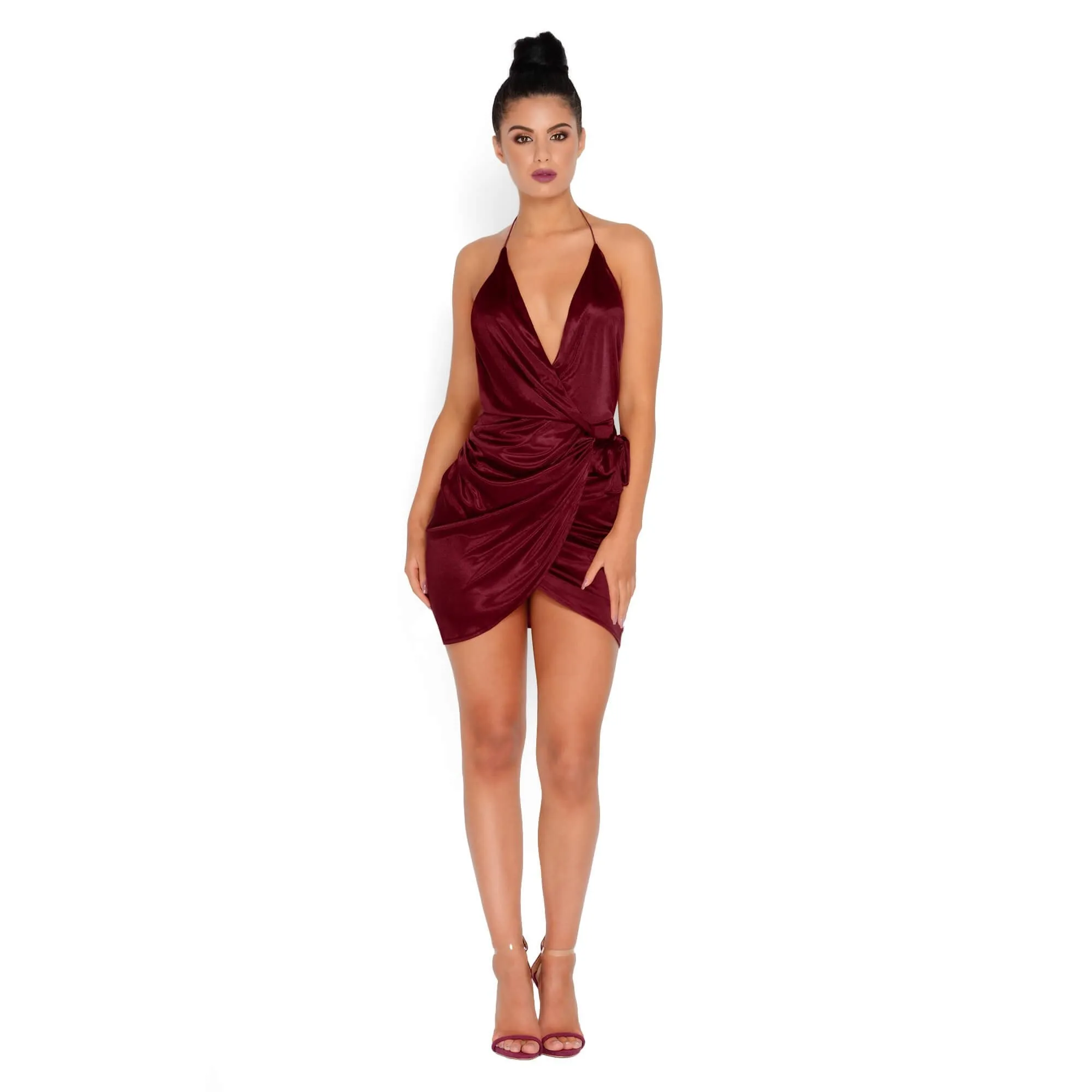 Holy Wrap Satin Wrap Mini Dress in Wine