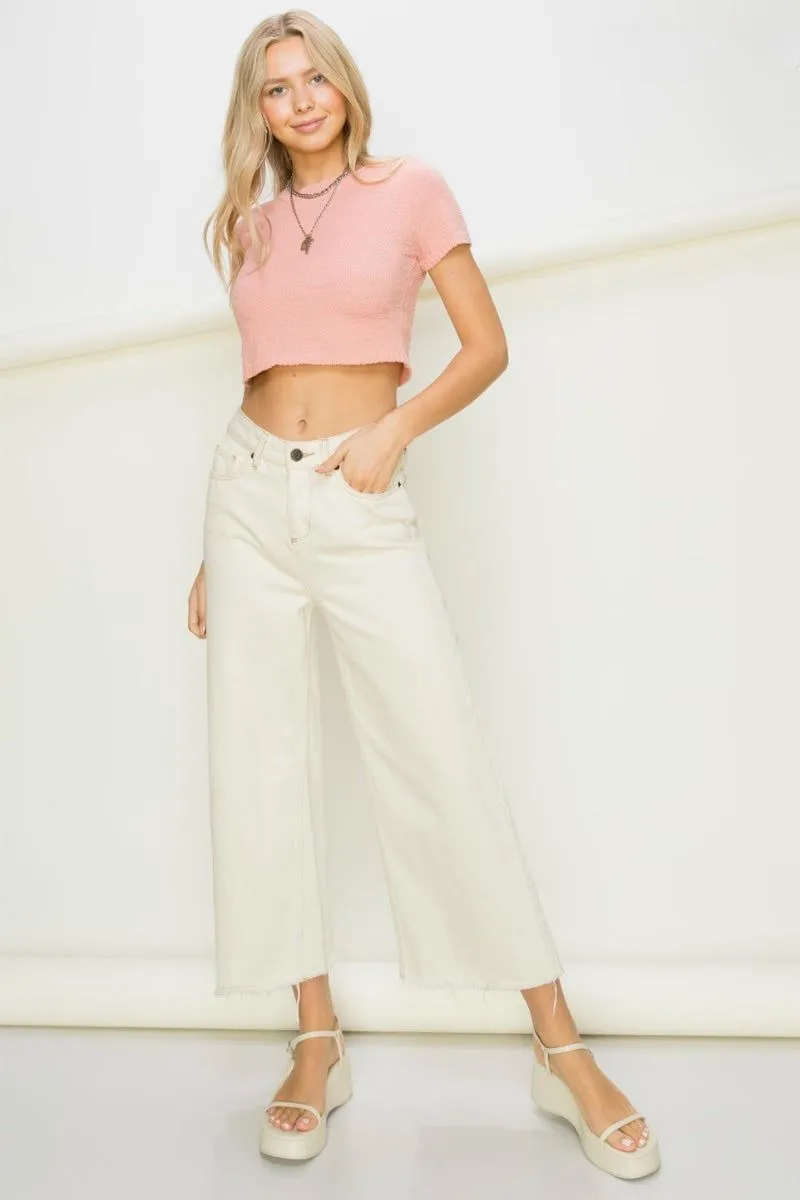 Juniors' Short Sleeve Cropped Knit Top