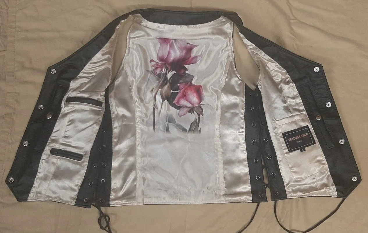 Ladies Leather Biker Vest with White Rose Lining 268