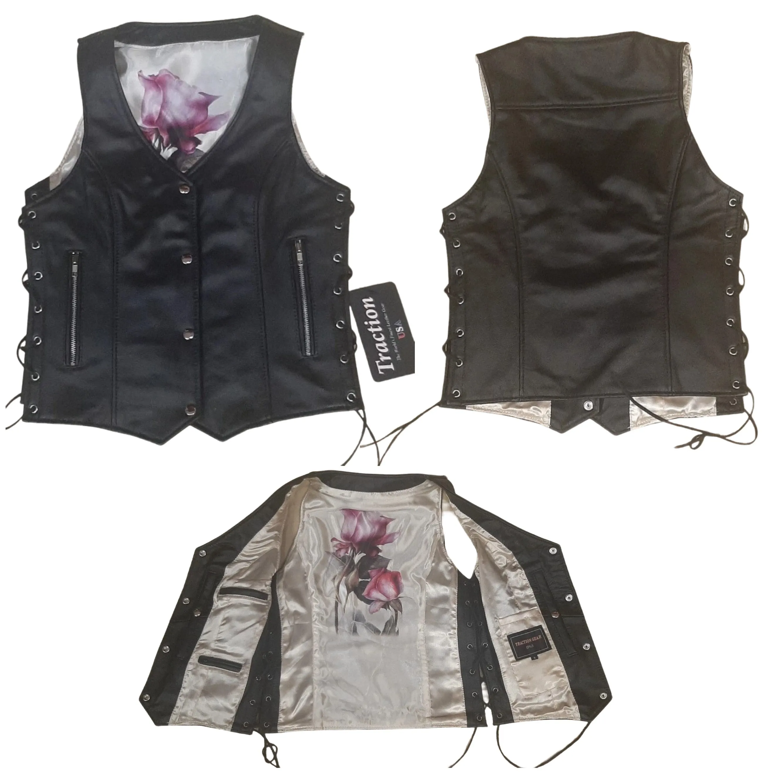 Ladies Leather Biker Vest with White Rose Lining 268