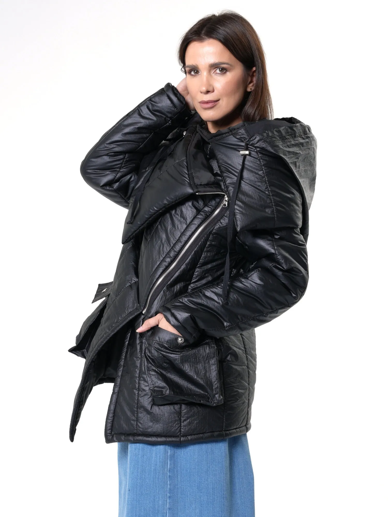 Large Collar Puffer Jacket In Black