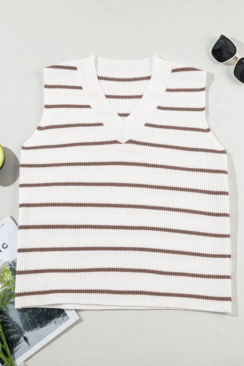 Loose Khaki Stripe Knitted Sweater Vest