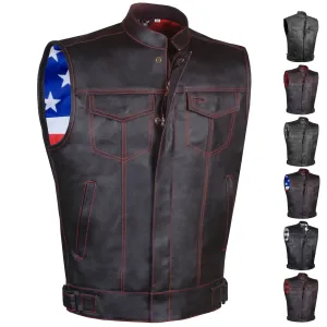 Men's ARMOR Leather SOA Anarchy Motorcycle Biker Club Concealed Carry Vest US Flag