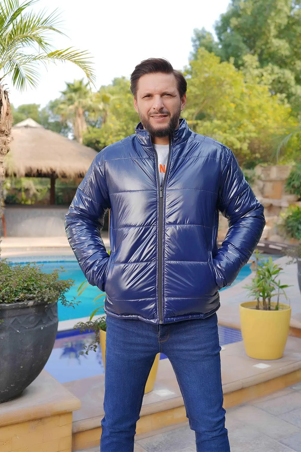 Men'S Blue Shiny Puffer Jacket - Warm And Stylish