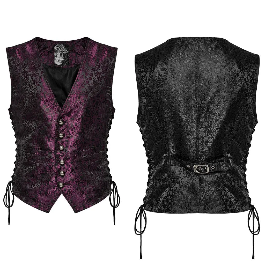 Men's Gothic Floral Jacquard Lace-up Black Red Vest