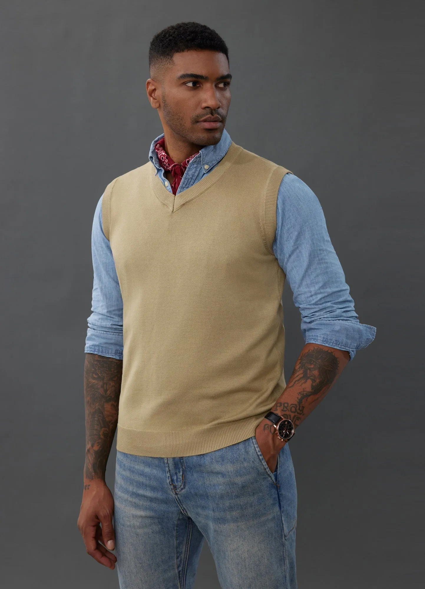 Mens V-Neck Knitted Sweater Vest Solid Plain Sleeveless Pullover Knitwear