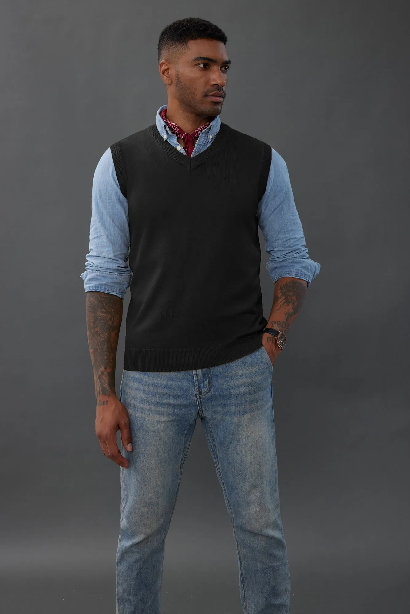 Mens V-Neck Knitted Sweater Vest Solid Plain Sleeveless Pullover Knitwear