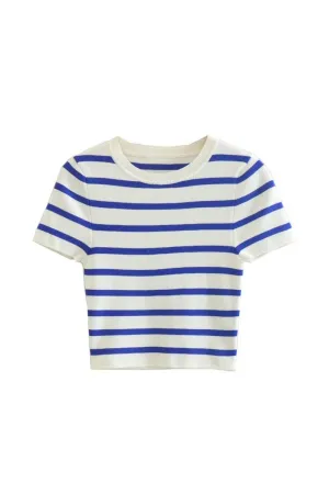 ‘Nataliya’ Round Neck Short Sleeve Striped Cropped Knit Top