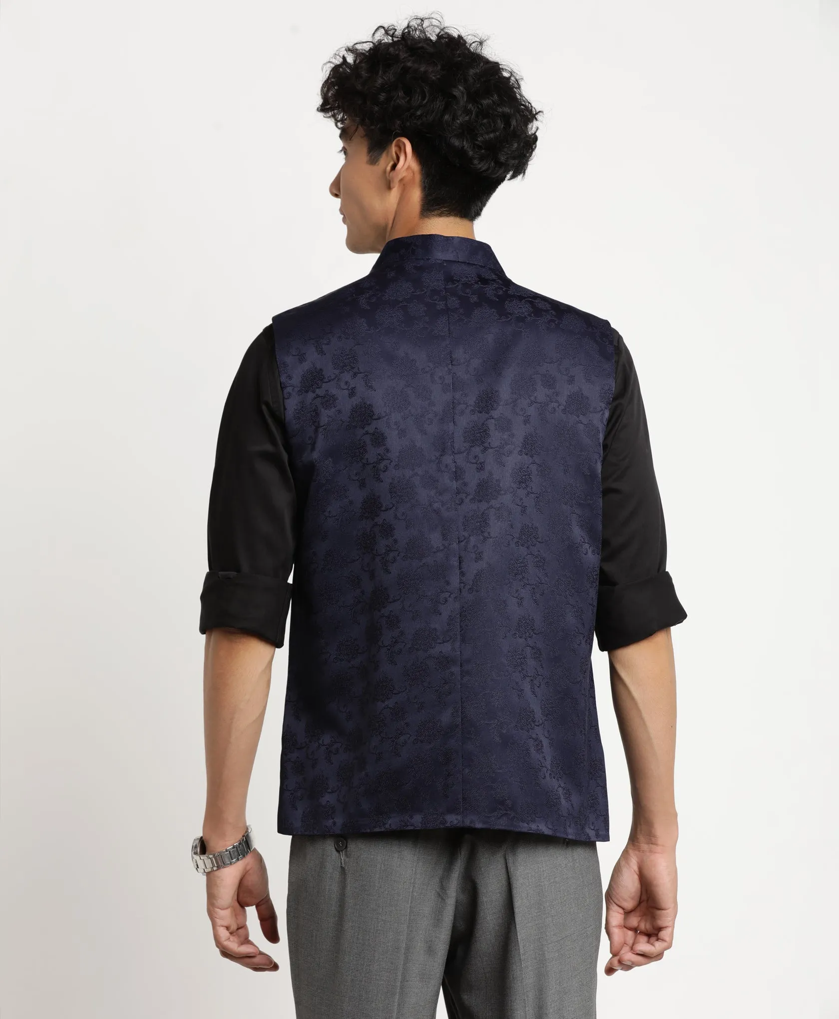 Navy Blue Self Design Nehru Jacket