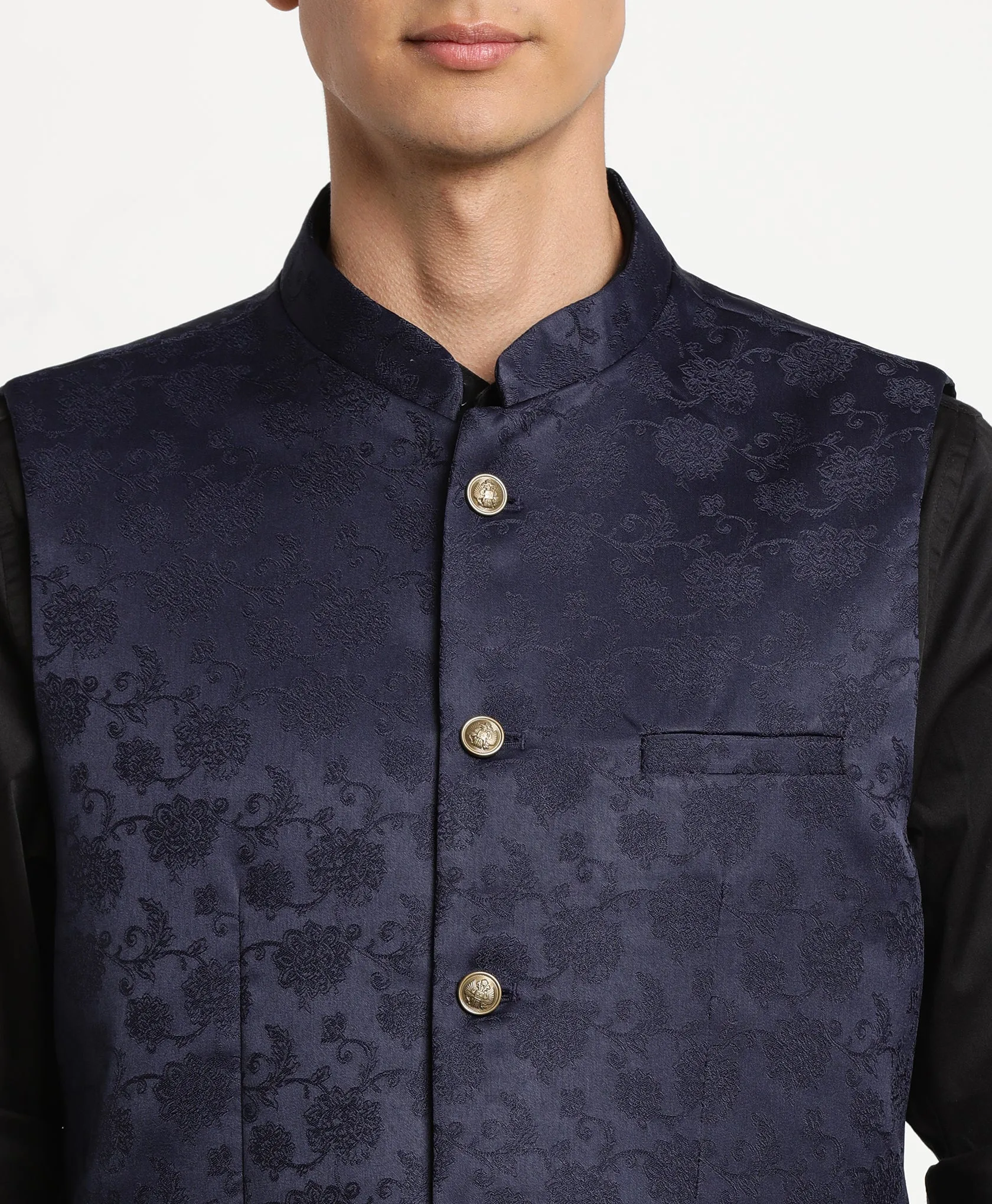 Navy Blue Self Design Nehru Jacket