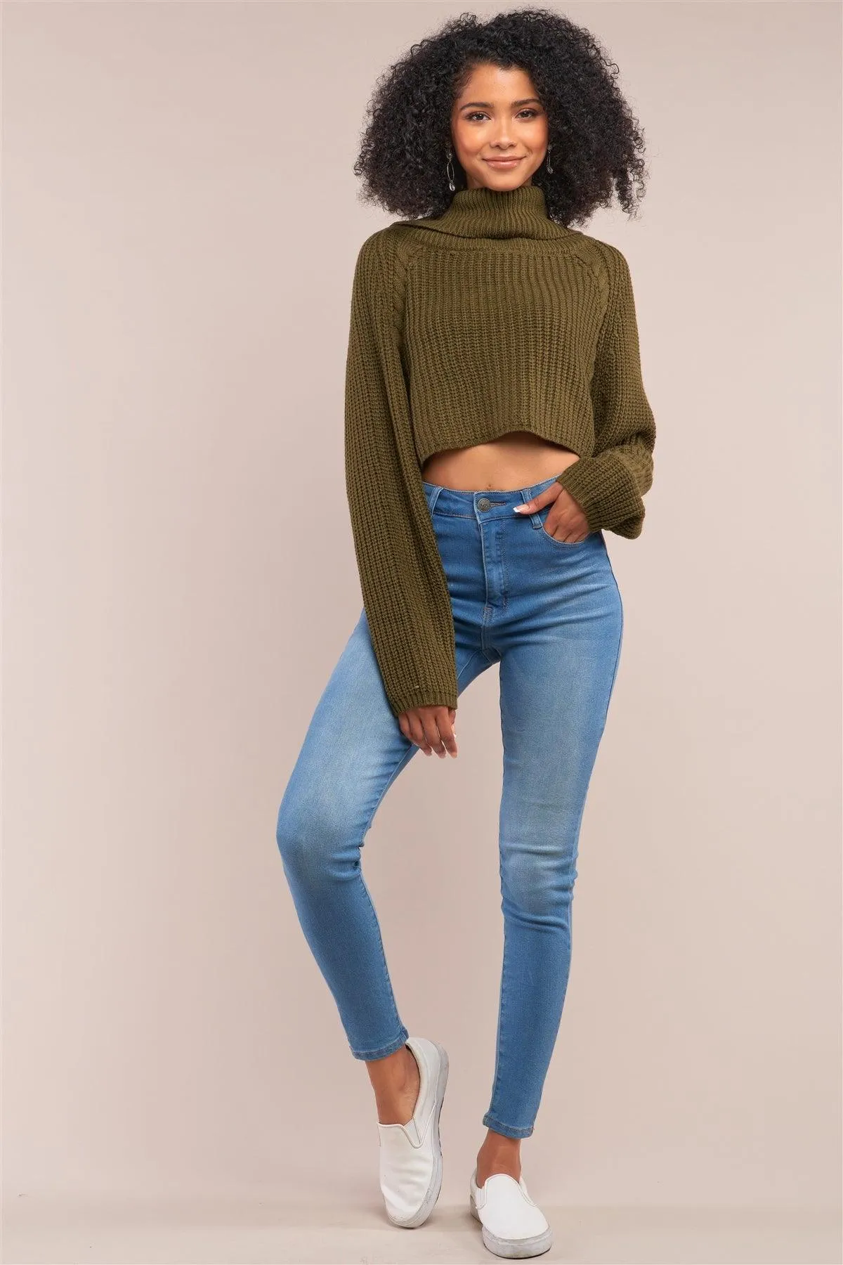 Olive Knit Turtleneck Balloon Sleeve Cropped Sweater /4-2