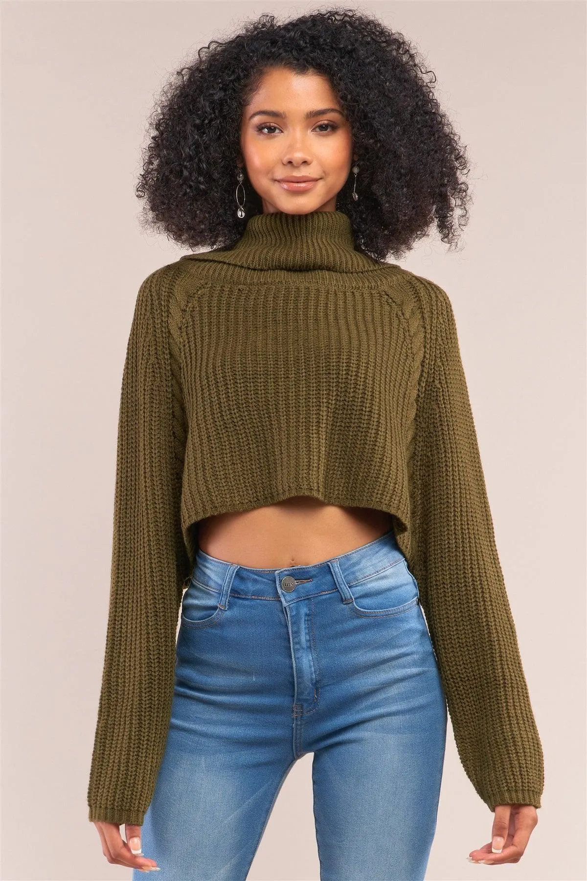 Olive Knit Turtleneck Balloon Sleeve Cropped Sweater /4-2